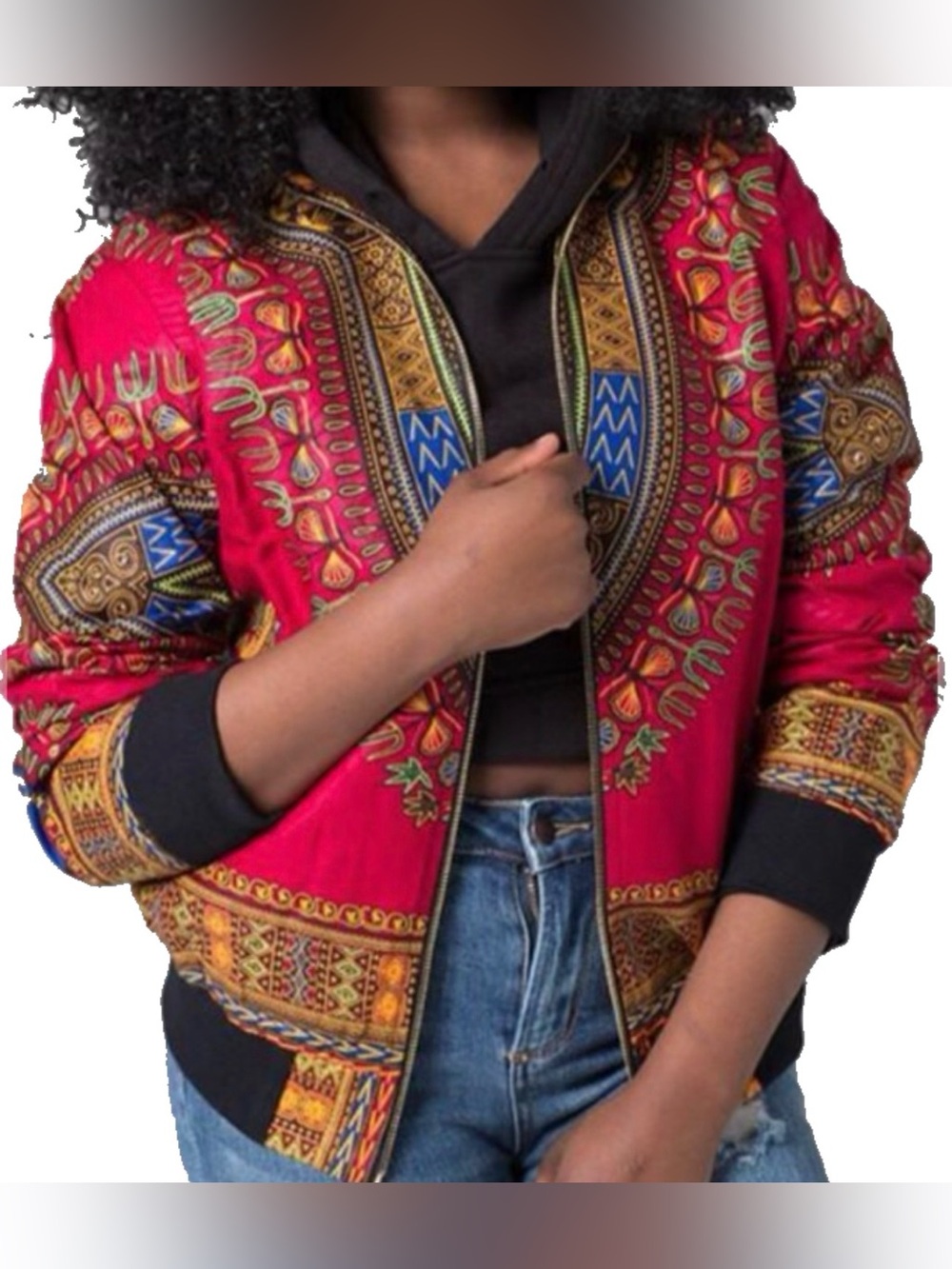 Women's Red Dashiki-Inspired Bomber Jacket